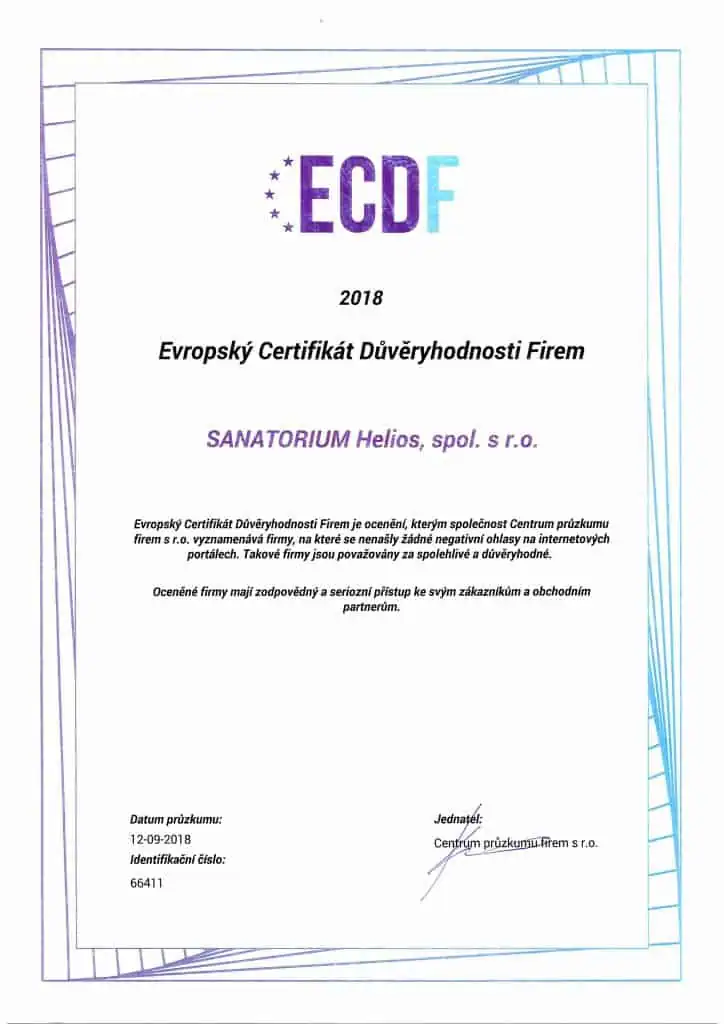 Evropský Certifikát Důvěryhodnosti Firem 2018 1 - Sanatorium Helios CZ Certifikát Důvěryhodnosti